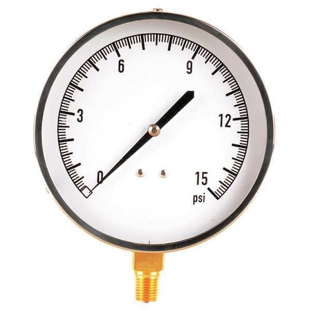 Industrial Pressure Gauge, 0 to 15 psi, 4 1/2 in Dial, 1/4 in NPT, Bottom Location MPN:18C746