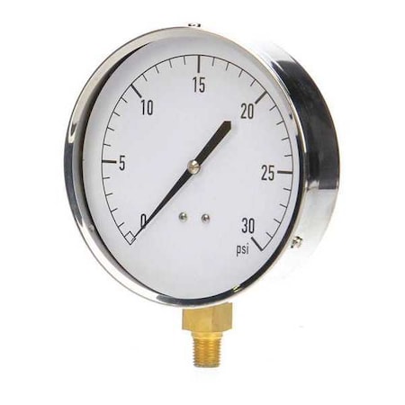 Industrial Pressure Gauge, 0 to 30 psi, 4 1/2 in Dial, 1/4 in NPT, Bottom Location MPN:18C747