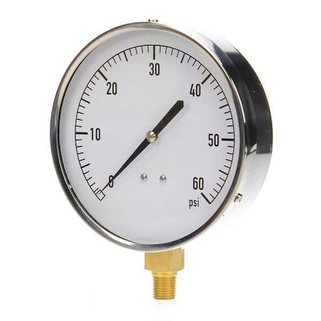 Industrial Pressure Gauge, 0 to 60 psi, 4 1/2 in Dial, 1/4 in NPT, Bottom Location MPN:18C748