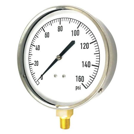Industrial Pressure Gauge, 0 to 160 psi, 4 1/2 in Dial, 1/4 in NPT, Bottom Location MPN:18C750