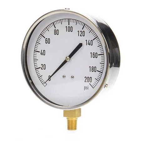 Industrial Pressure Gauge, 0 to 200 psi, 4 1/2 in Dial, 1/4 in NPT, Bottom Location MPN:18C751