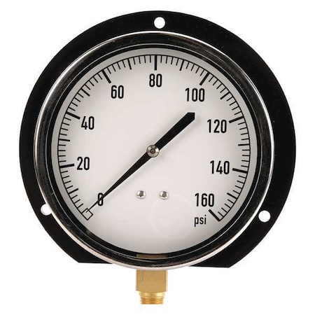 Industrial Pressure Gauge, 0 to 160 psi, 4 1/2 in Dial, 1/4 in NPT, Bottom Location MPN:18C767