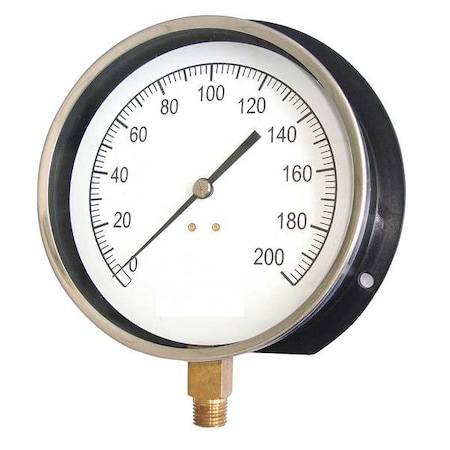 Industrial Pressure Gauge, 0 to 200 psi, 4 1/2 in Dial, 1/4 in NPT, Bottom Location MPN:18C768