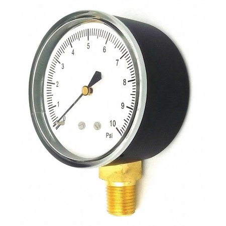 Low Pressure Gauge, 0 to 10 psi, 2 1/2 in Dial, 1/4 in NPT, Bottom Location, Steel Case Material MPN:18C775