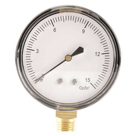 Low Pressure Gauge, 0 to 15 psi, 2 1/2 in Dial, 1/4 in NPT, Bottom Location, Steel Case Material MPN:18C777