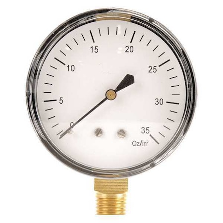 Low Pressure Gauge, 0 to 32 psi, 2 1/2 in Dial, 1/4 in NPT, Bottom Location, Steel Case Material MPN:18C778