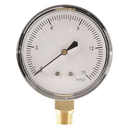 Low Pressure Gauge, 0 to 15 psi, 2 1/2 in Dial, 1/4 in NPT, Bottom Location, Steel Case Material MPN:18C783