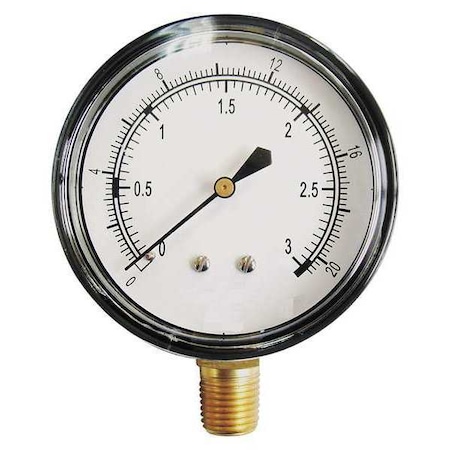 Low Pressure Gauge, 0 to 100 psi, 2 1/2 in Dial, 1/4 in NPT, Bottom Location, Steel Case Material MPN:18C786