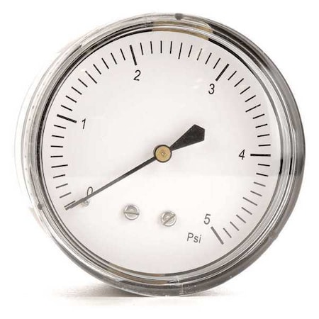 Low Pressure Gauge, 0 to 5 psi, 2 1/2 in Dial, 1/4 in NPT, Center Back Location, Steel Case Material MPN:18C790