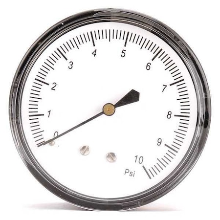 Low Pressure Gauge, 0 to 10 psi, 2 1/2 in Dial, 1/4 in NPT, Center Back Location MPN:18C791