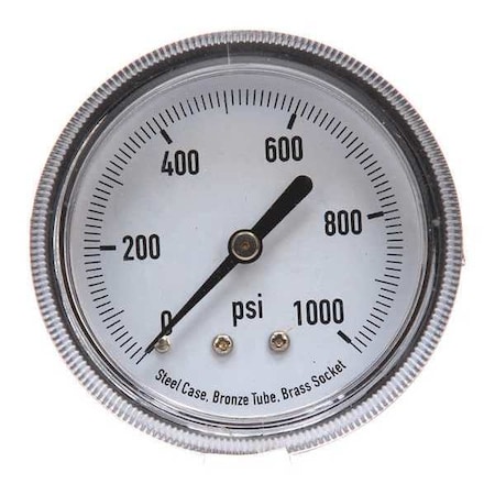 Panel-Mount Pressure Gauge, 0 to 1, 000 psi, 2 1/2 in Dial, 1/4 in NPT, Center Back Location MPN:4CFA5