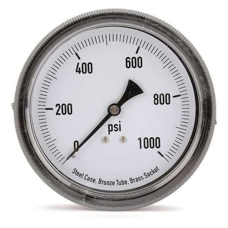 Panel-Mount Pressure Gauge, 0 to 1, 000 psi, 3 1/2 in Dial, 1/4 in NPT, Center Back Location MPN:4CFC1