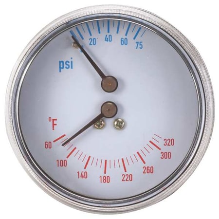 Boiler Gauge, Round, 0-75 PSI, 60 to 260 F, Case Color: Black MPN:4CFC4
