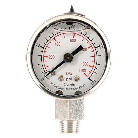 Commercial Pressure Gauge, 0 to 160 psi, 1 1/2 in Dial, 1/8 in NPT, Bottom Location MPN:4CFE4