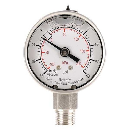 Commercial Compound Gauge, 30 to 0 to 30 psi, 2 in Dial, 1/4 in NPT, Bottom Location MPN:4CFF5