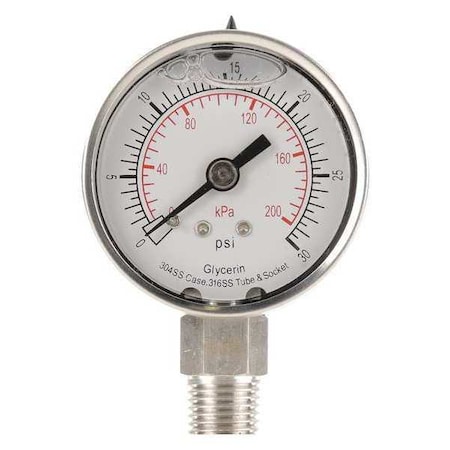 Commercial Pressure Gauge, 0 to 30 psi, 2 in Dial, 1/4 in NPT, Bottom Location MPN:4CFF6