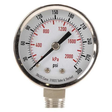Commercial Pressure Gauge, 0 to 60 psi, 2 in Dial, 1/4 in NPT, Bottom Location MPN:4CFF7