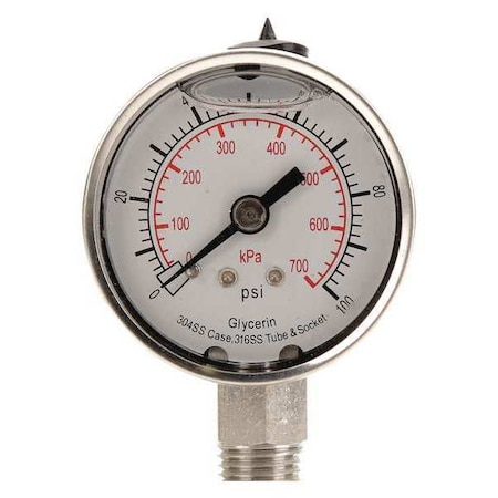 Commercial Pressure Gauge, 0 to 100 psi, 2 in Dial, 1/4 in NPT, Bottom Location MPN:4CFF8