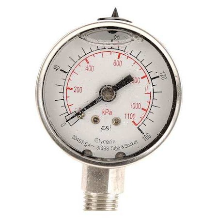 Commercial Pressure Gauge, 0 to 160 psi, 2 in Dial, 1/4 in NPT, Bottom Location MPN:4CFF9