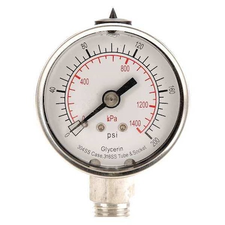 Commercial Pressure Gauge, 0 to 200 psi, 2 in Dial, 1/4 in NPT, Bottom Location MPN:4CFG1
