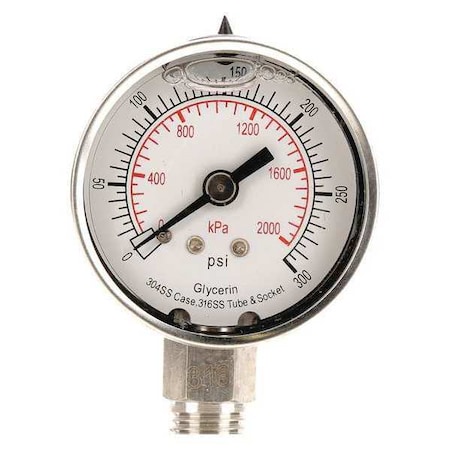 Commercial Pressure Gauge, 0 to 300 psi, 2 in Dial, 1/4 in NPT, Bottom Location MPN:4CFG2