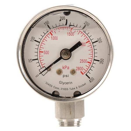 Commercial Pressure Gauge, 0 to 400 psi, 2 in Dial, 1/4 in NPT, Bottom Location MPN:4CFG3