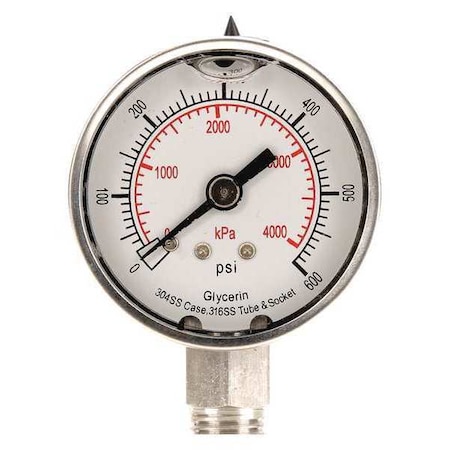 Commercial Pressure Gauge, 0 to 600 psi, 2 in Dial, 1/4 in NPT, Bottom Location MPN:4CFG4