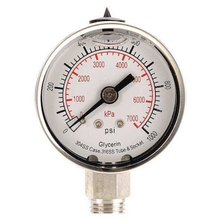 Commercial Pressure Gauge, 0 to 1, 000 psi, 2 in Dial, 1/4 in NPT, Bottom Location MPN:4CFG5