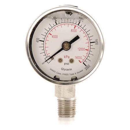 Commercial Pressure Gauge, 0 to 2, 000 psi, 2 in Dial, 1/4 in NPT, Bottom Location MPN:4CFG6