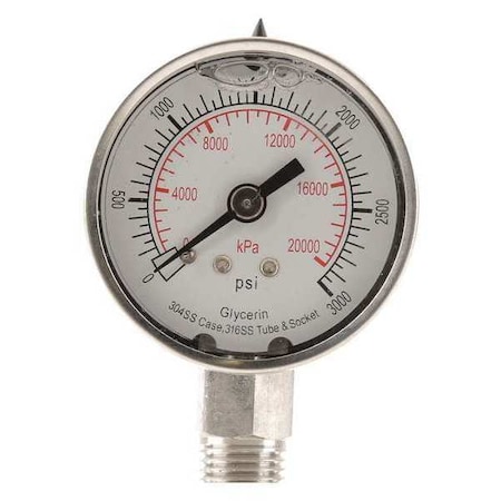 Commercial Pressure Gauge, 0 to 3, 000 psi, 2 in Dial, 1/4 in NPT, Bottom Location MPN:4CFG7