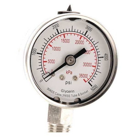 Commercial Pressure Gauge, 0 to 5, 000 psi, 2 in Dial, 1/4 in NPT, Bottom Location MPN:4CFG8