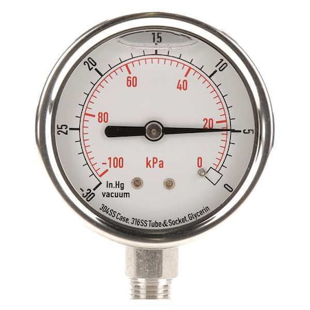 Vacuum Gauge, Liquid Filled, 2-1/2 In, Case Color: Silver MPN:4CFG9