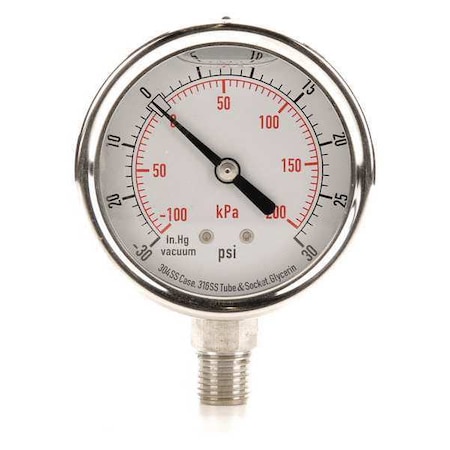 Commercial Compound Gauge, 30 to 0 to 30 psi, 2 1/2 in Dial, 1/4 in NPT, Bottom Location MPN:4CFH1
