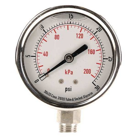 Commercial Pressure Gauge, 0 to 30 psi, 2 1/2 in Dial, 1/4 in NPT, Bottom Location MPN:4CFH2