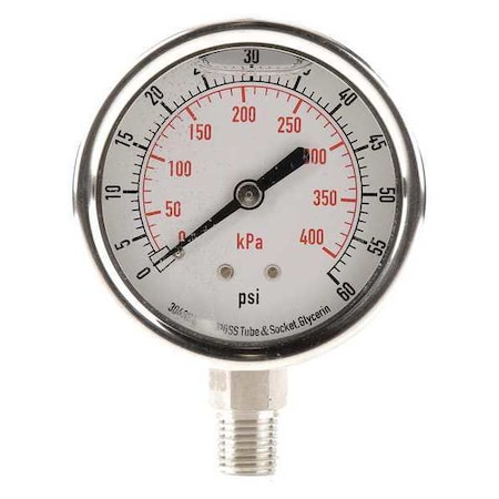 Commercial Pressure Gauge, 0 to 60 psi, 2 1/2 in Dial, 1/4 in NPT, Bottom Location MPN:4CFH3