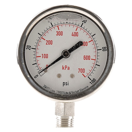 Commercial Pressure Gauge, 0 to 100 psi, 2 1/2 in Dial, 1/4 in NPT, Bottom Location MPN:4CFH4