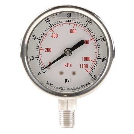 Commercial Pressure Gauge, 0 to 160 psi, 2 1/2 in Dial, 1/4 in NPT, Bottom Location MPN:4CFH5