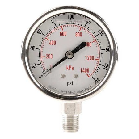 Commercial Pressure Gauge, 0 to 200 psi, 2 1/2 in Dial, 1/4 in NPT, Bottom Location MPN:4CFH6