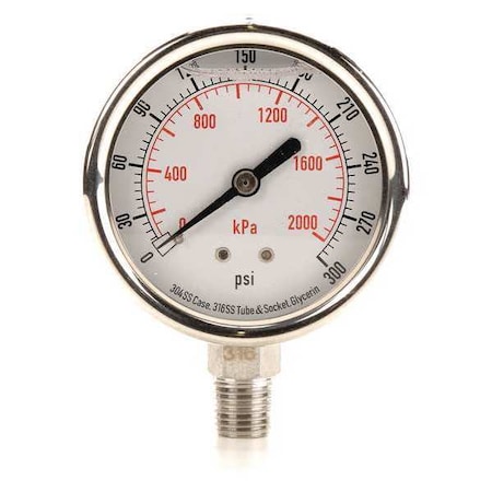 Commercial Pressure Gauge, 0 to 300 psi, 2 1/2 in Dial, 1/4 in NPT, Bottom Location MPN:4CFH7