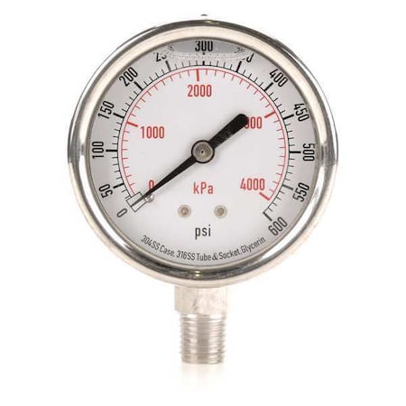 Commercial Pressure Gauge, 0 to 600 psi, 2 1/2 in Dial, 1/4 in NPT, Bottom Location MPN:4CFH9