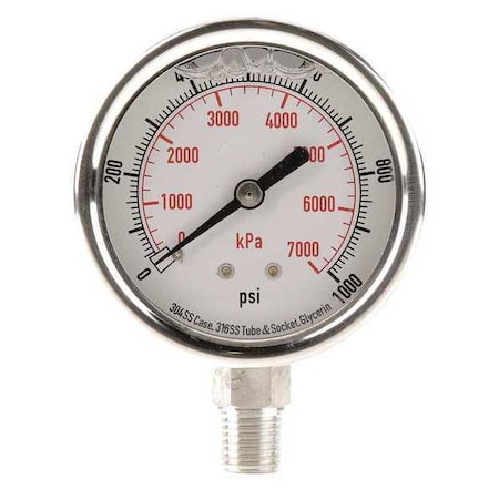 Commercial Pressure Gauge, 0 to 1, 000 psi, 2 1/2 in Dial, 1/4 in NPT, Bottom Location MPN:4CFJ1
