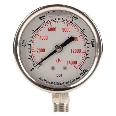 Commercial Pressure Gauge, 0 to 2, 000 psi, 2 1/2 in Dial, 1/4 in NPT, Bottom Location MPN:4CFJ2