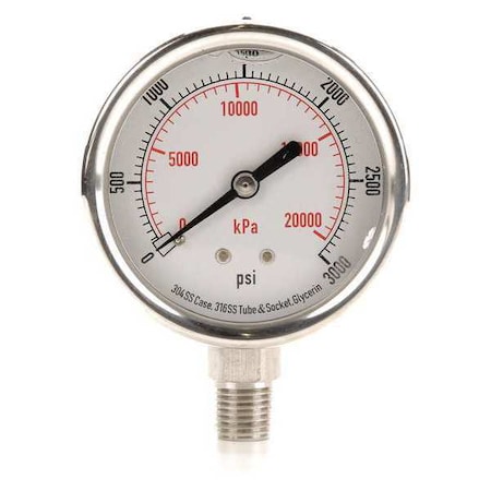 Commercial Pressure Gauge, 0 to 3, 000 psi, 2 1/2 in Dial, 1/4 in NPT, Bottom Location MPN:4CFJ3
