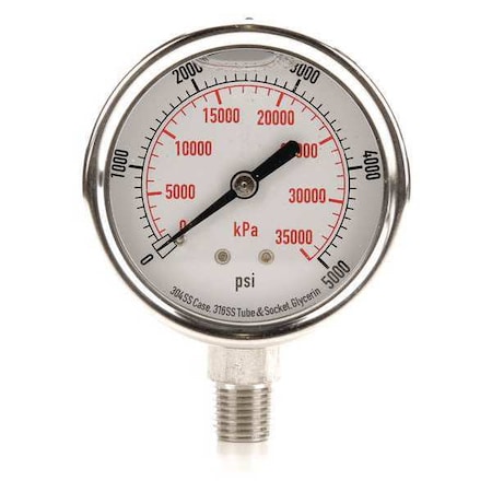 Commercial Pressure Gauge, 0 to 5, 000 psi, 2 1/2 in Dial, 1/4 in NPT, Bottom Location MPN:4CFJ4