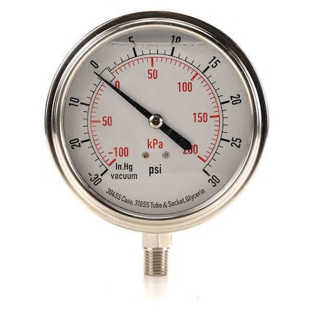 Commercial Compound Gauge, 30 to 0 to 30 psi, 3 1/2 in Dial, 1/4 in NPT, Bottom Location MPN:4CFJ6