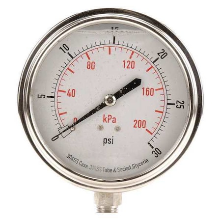 Commercial Pressure Gauge, 0 to 30 psi, 3 1/2 in Dial, 1/4 in NPT, Bottom Location MPN:4CFJ7