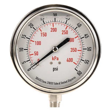 Commercial Pressure Gauge, 0 to 60 psi, 3 1/2 in Dial, 1/4 in NPT, Bottom Location MPN:4CFJ8