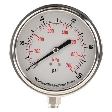 Commercial Pressure Gauge, 0 to 100 psi, 3 1/2 in Dial, 1/4 in NPT, Bottom Location MPN:4CFJ9