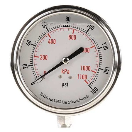 Commercial Pressure Gauge, 0 to 160 psi, 3 1/2 in Dial, 1/4 in NPT, Bottom Location MPN:4CFK1