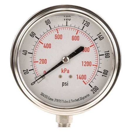 Commercial Pressure Gauge, 0 to 200 psi, 3 1/2 in Dial, 1/4 in NPT, Bottom Location MPN:4CFK2